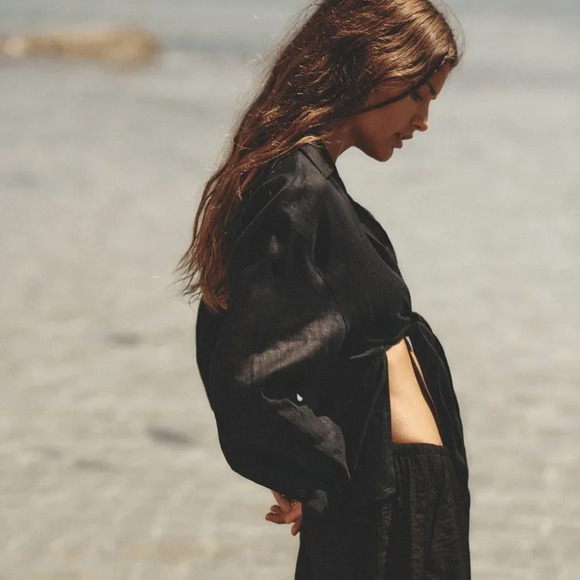 Zara Linen Tie Shirt With Knot Black NWT Size Small - Picture 3 of 11